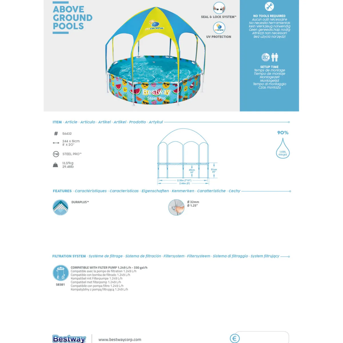 Stahlwandpool Splash-in-Shade mit Sonnendach 244 x 51 cm bunt^Bestway Discount