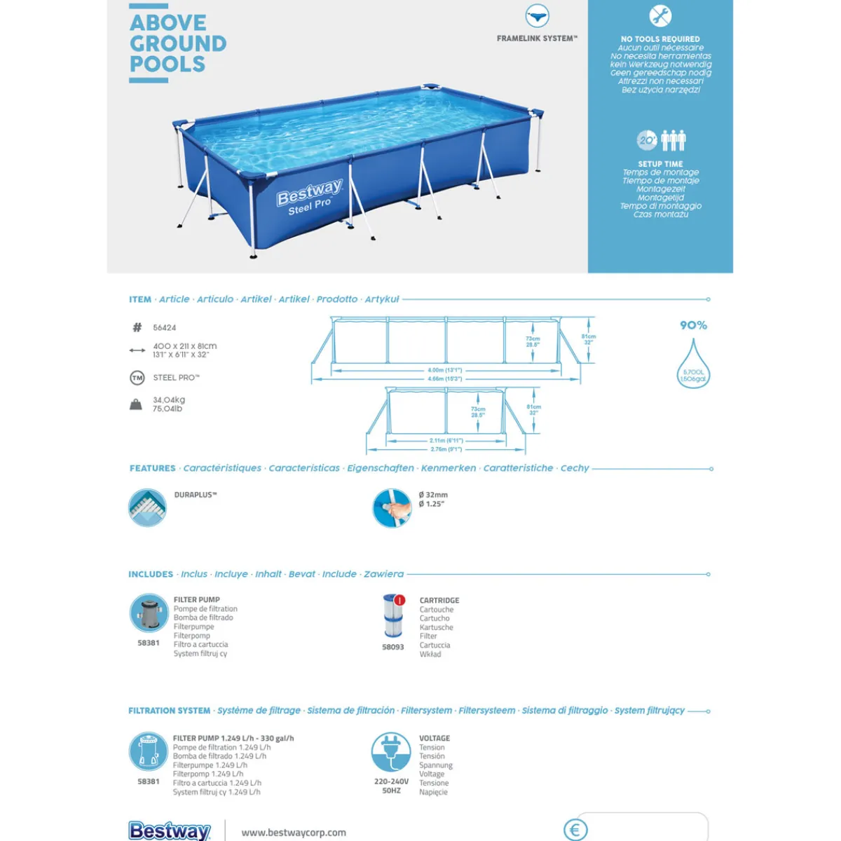 Steel Pro Frame Pool-Set mit Filterpumpe 400 x 211 x 81 cm blau eckig^Bestway Outlet