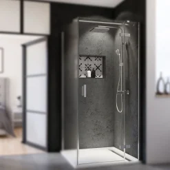 Breuer Drehtür mit Festteil Panorama für Seitenwand Anschlag rechts alu chromeffekt grau getönt 900 mm