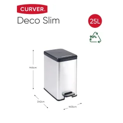 Curver Mülleimer DECO Bin SLIM 25L mit Pedal schwarz silber metallic