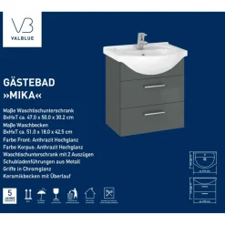 Gäste Waschbeckenunterschrank Mika, anthrazit, inkl. Keramikbecken, 2 Auszüge, B51cm