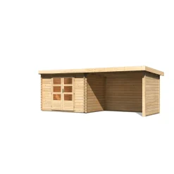 Karibu Blockbohlenhaus Bastrup 3 naturbelassen mit Anbaudach und Seiten