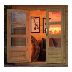 Karibu Blockbohlenhaus Bastrup 3 naturbelassen mit Anbaudach und Seiten