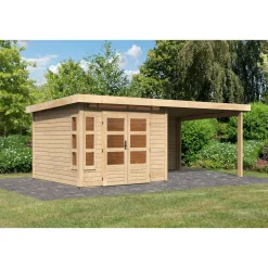 Karibu Blockbohlenhaus Kastorf 6 naturbelassen mit Anbaudach und Rückwand