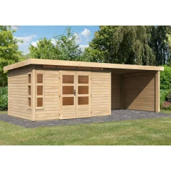 Blockbohlenhaus Kastorf 6 naturbelassen mit Anbaudach und Seiten*Karibu Outlet