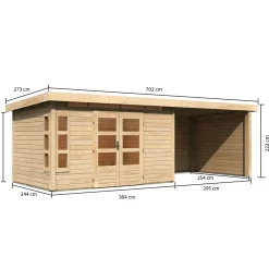 Blockbohlenhaus Kastorf 6 naturbelassen mit Anbaudach und Seiten*Karibu Outlet