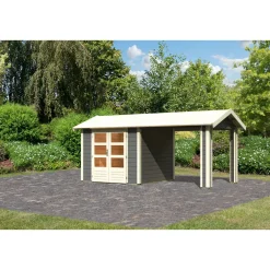 Blockbohlenhaus Theres 3 terragrau mit Dachausbauelement*Karibu Clearance