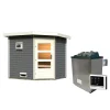 Karibu Saunahaus- Set „Mikka“ terragrau mit Ofen 9 kW ext. Steuerung