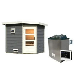 Karibu Saunahaus- Set „Mikka“ terragrau mit Ofen 9 kW ext. Steuerung
