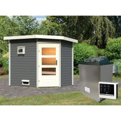 Karibu Saunahaus- Set „Mikka“ terragrau mit Ofen 9 kW ext. Steuerung