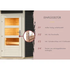 Karibu Saunahaus- Set „Mikka“ terragrau mit Ofen 9 kW ext. Steuerung