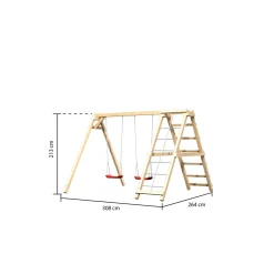 Karibu Doppelschaukel Felix mit Klettergerüst und Netzrampe naturbelassen