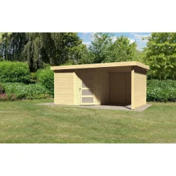 Gartenhaus Schwandorf 3/5 mit Anbaudach 220 cm und Seiten-/Rückwand 462 x 246 x 218 cm braun*Karibu Best