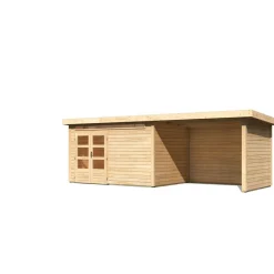 Gartenhaus-Set Kandem 7 mit Anbaudach 2,95 m mit Seiten- und Rückwand naturbelassen*Karibu Sale