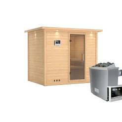 Karibu Sauna Sonara Fronteinstieg 9 kW Ofen externe Strg mit Kranz Klarglas-Tür
