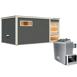 Karibu Saunahaus Hygge 38 mm 9 kW Ofen externe Strg Klarglas-Tür terragrau