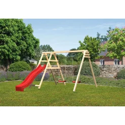 Karibu Schaukelset mit Klettergerüst naturbelassen inkl Rutsche rot