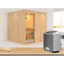 Karibu Systemsauna Rodin 68 mm 9 kW Ofen integr Strg mit Dachkranz