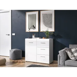 Kommode Adison Fronten in Hochglanz mit Rillenfräsung 96 x 86 x 40 cm weiß^ Sale