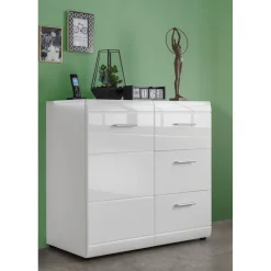 Kommode Adison Fronten in Hochglanz mit Rillenfräsung 96 x 86 x 40 cm weiß^ Sale