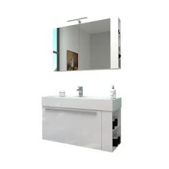 Badmöbel DOMUS 100 weiß mit Spiegelschrank und Lampe*Progetto Idea Stella Hot