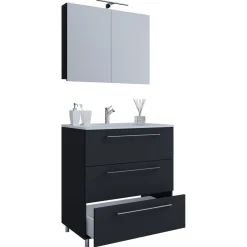 VCM Stand-Waschplatz 80 cm 3-teilig 3 Schubfächer mit Spiegelschrank schwarz