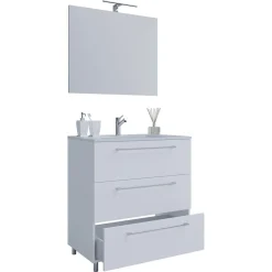 VCM Stand-Waschplatz 80 cm 3-teilig 3 Schubfächer mit Spiegel weiß
