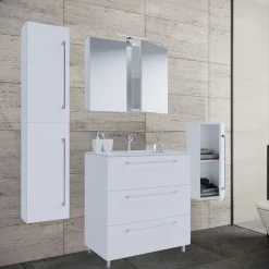 Stand-Waschplatz 80 cm 5-teiliges Set 3 Schubfächer mit Spiegelschrank weiß*VCM Clearance