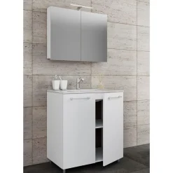 VCM Stand-Waschplatz 80 cm 3-teilig 2 Türen mit Spiegelschrank weiß