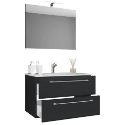 Waschplatz 80 cm 3-teilig 2 Schubfächer mit Spiegel schwarz*VCM Outlet