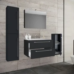 Waschplatz 80 cm 5-teiliges Set 2 Schubfächer mit Spiegelschrank schwarz*VCM New