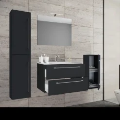 Waschplatz 80 cm 5-teiliges Set 2 Schubfächer mit Spiegel schwarz*VCM Discount