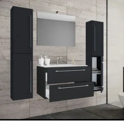 Waschplatz 80 cm 5-teiliges Set 2 Schubfächer mit Spiegel schwarz*VCM Clearance