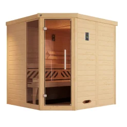 Premium Massivholz-Elementsauna Kemi Eck Größe 2 Sparset 7,5 kW Bio S*Weka Sale