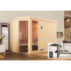 Weka Premium Massivholz-Sauna Turku Eck Größe 3 Sparset 7,5 kW OS Glastuer