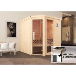 Weka Premium Massivholz-Sauna TURKU Eck Größe 2 Sparset 7,5 kW Bio S Glastuer
