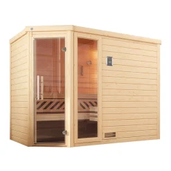Weka Premium Massivholz-Sauna Turku Eck Größe 3 Sparset 7,5 kW Bio S Glastuer