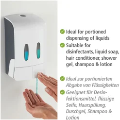 2-Kammer Desinfektionsmittel- und Seifenspender Tartas Weiß Seifen-Dosierer und Desinfektionsspender Füllmenge je Kammer 480 ml^Wenko Discount