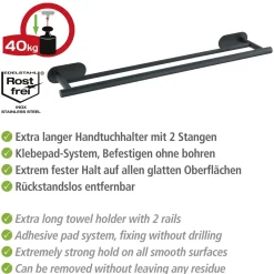 Turbo-Loc Edelstahl Badetuchstange Duo Orea Black Matt Handtuchstange Befestigen ohne bohren*Wenko Best