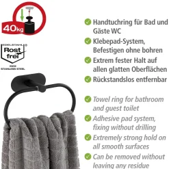 Turbo-Loc Edelstahl Handtuchring Orea Black Matt Handtuchhalter Befestigen ohne bohren*Wenko Outlet