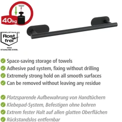 Turbo-Loc Edelstahl Badetuchstange Orea Black Matt Handtuchhalter Befestigen ohne bohren^Wenko Outlet