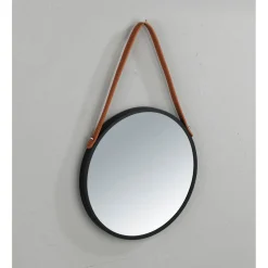 Wenko Wandspiegel Borrone rund 40 cm schwarz mit Aufhänge-Gurt